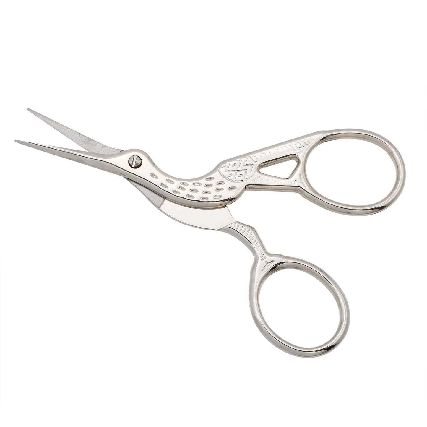 Pair of silver embroidery scissors on a white background