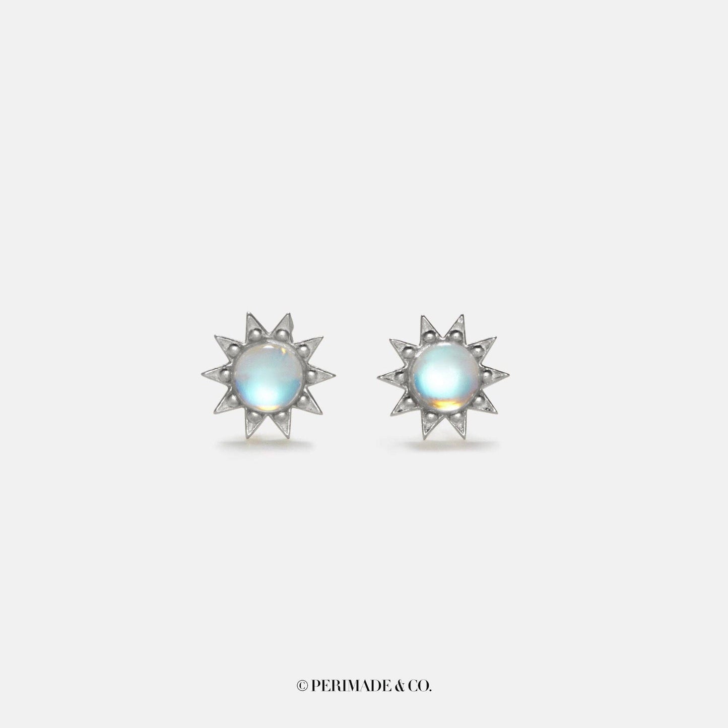 Pair of silver earrings with a central gemstone on a light gray background