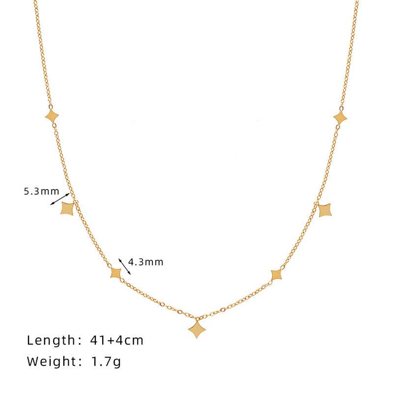 Gold necklace with star-shaped pendants on a white background