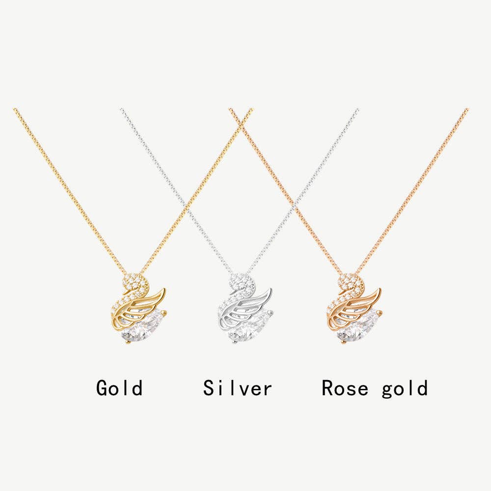 Three necklaces in gold, silver, and rose gold on a white background
