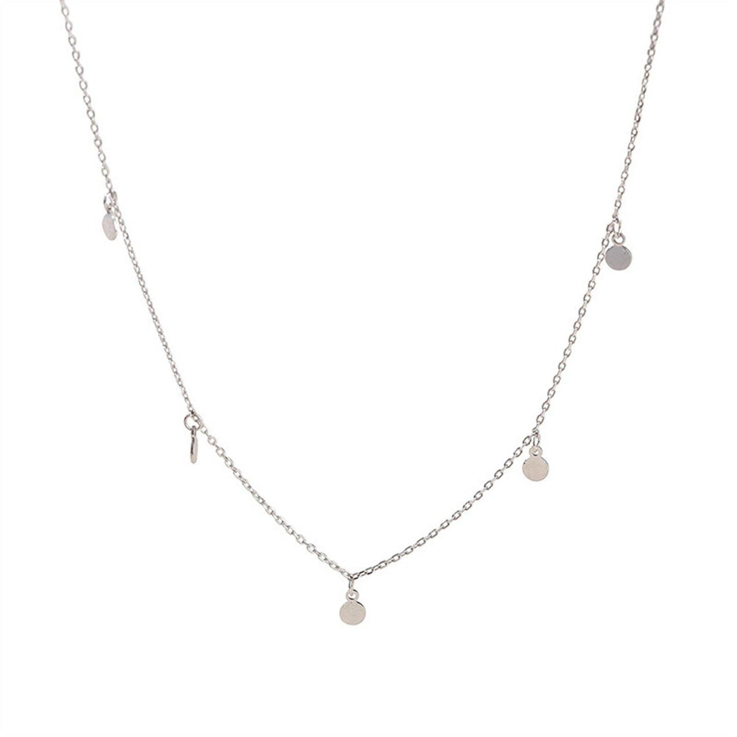 Silver necklace with small round pendants on a white background