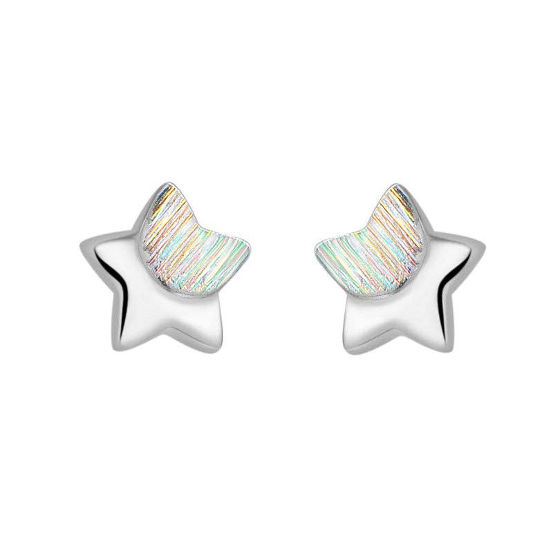 Star-shaped earrings with multicolored striped centers on a white background
