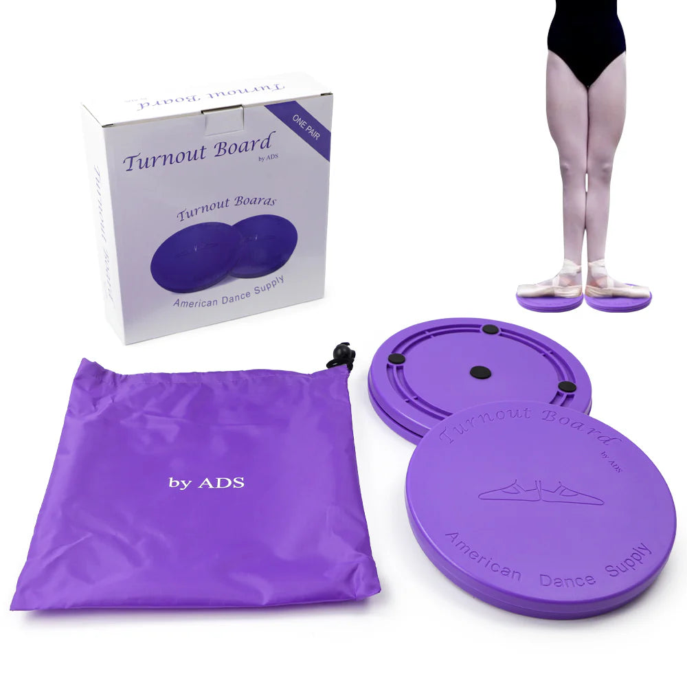 Purple turnout boards with packaging and a person wearing them on a white background