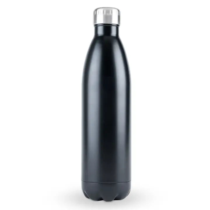Black insulated bottle with silver cap on a white background