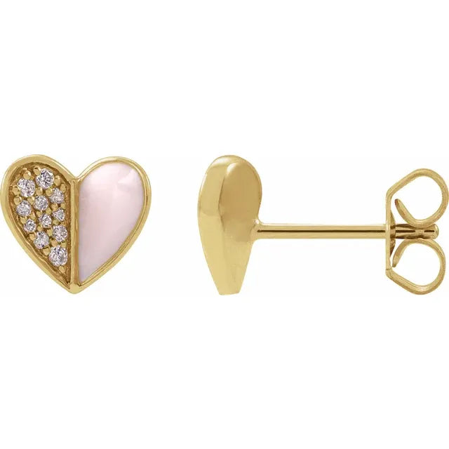14K 1/10 Natural Diamond & Enamel Heart Earrings