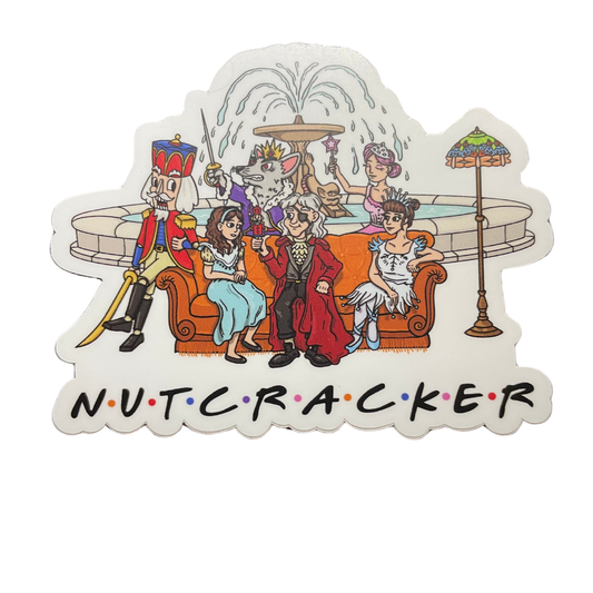 Sticker with cartoon characters from a Nutcracker-themed scene on a white background
