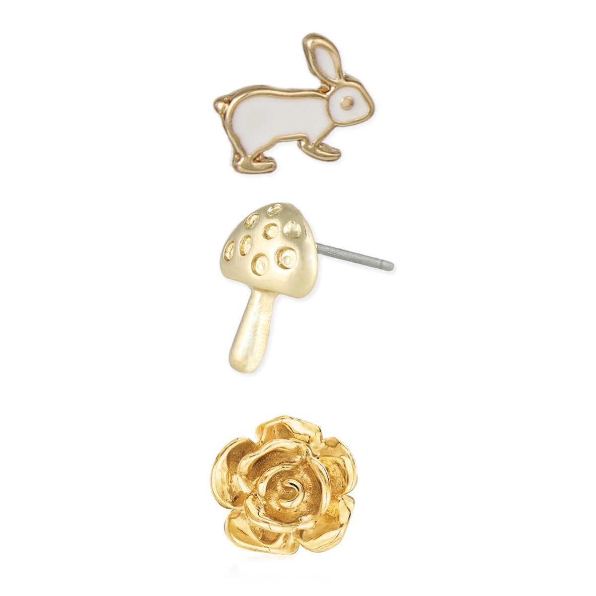 Set of gold earrings including a rabbit, mushroom, and rose design on a white background.