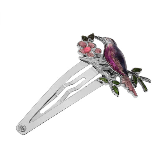 Hair snap clip with bird and floral design on a white background