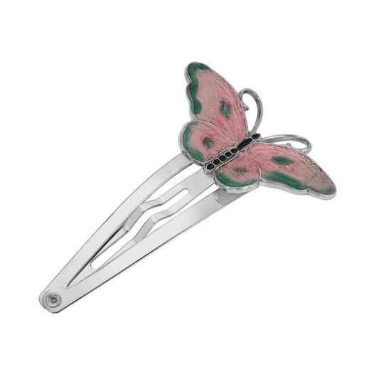 Butterfly-shaped hair snap clip with pink and green wings on a white background