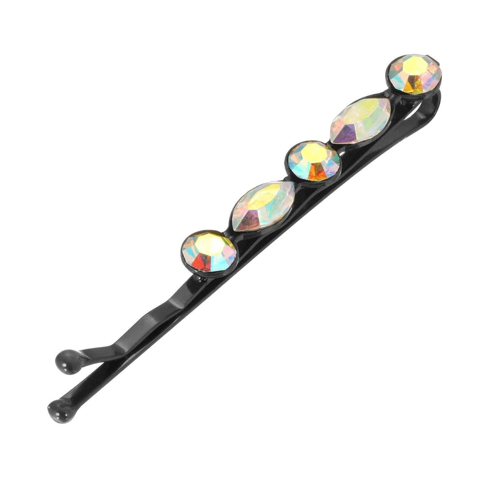 Black hair barrette with colorful aurora borealis gemstones on a white background