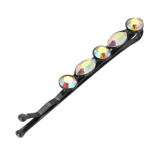 Black hair barrette with colorful aurora borealis gemstones on a white background