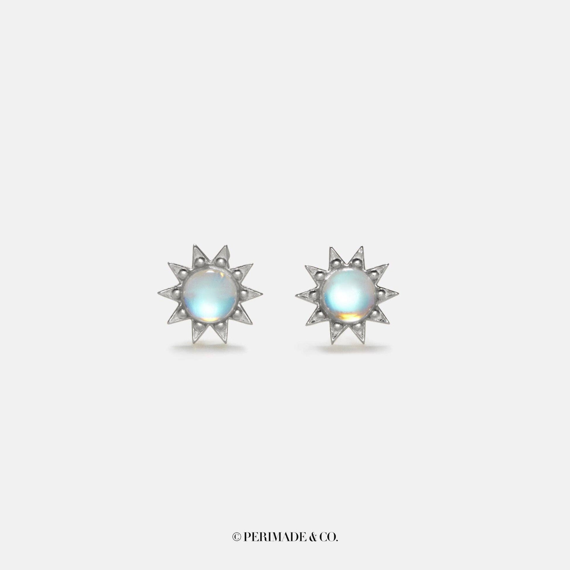 Pair of silver earrings with a central gemstone on a light gray background