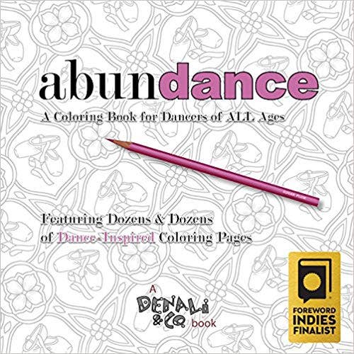 Coloring book cover titled 'abundance' with a pencil and decorative patterns.