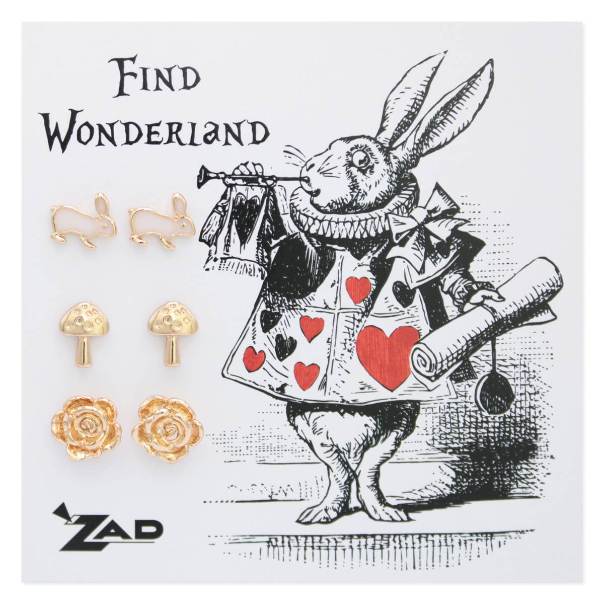 Earring set with rabbit illustration and 'Find Wonderland' text on a white background