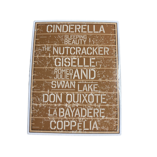 Decorative sign with classical ballet titles on a brown background