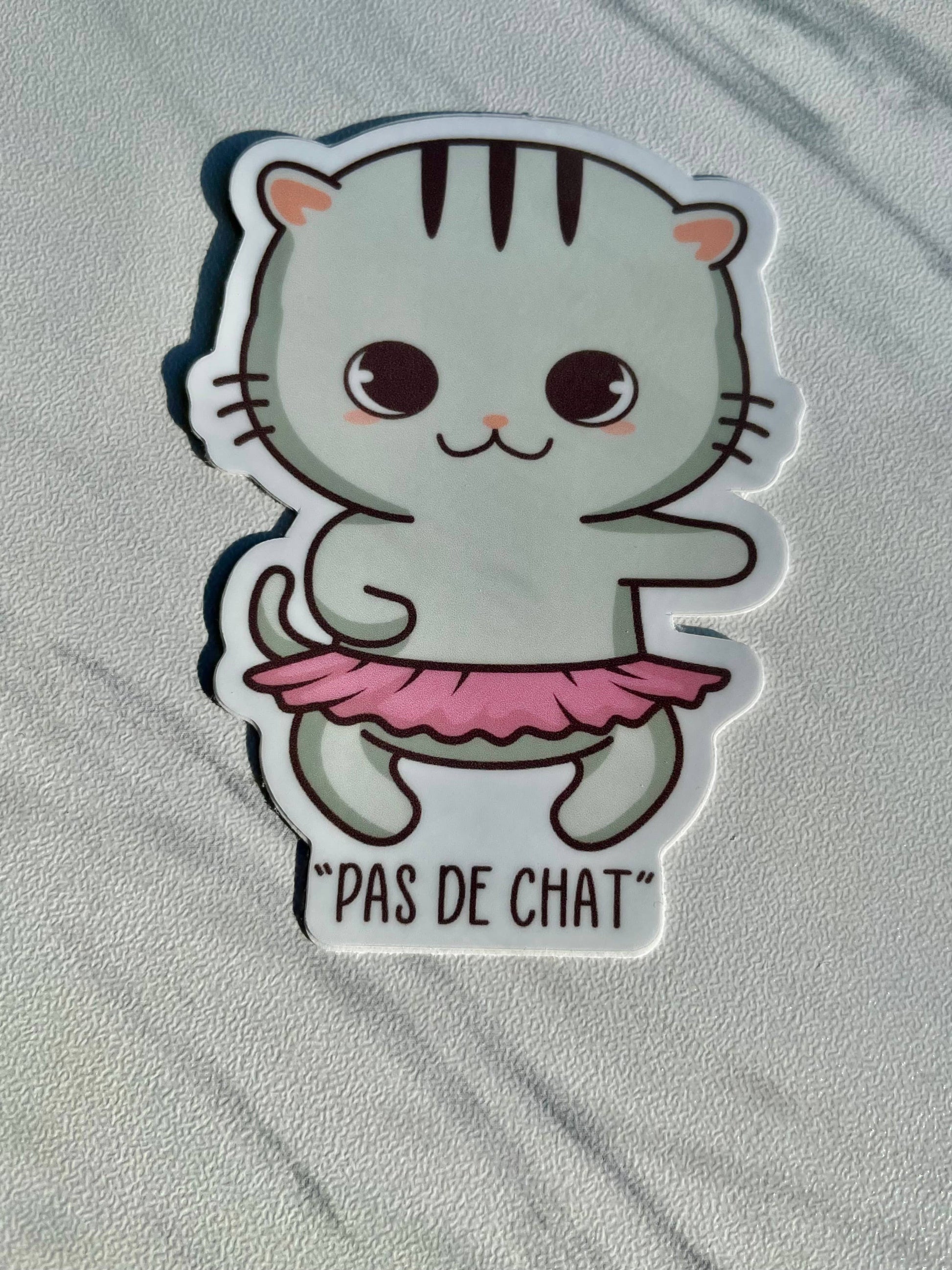 Cartoon cat in a pink tutu with 'Pas de Chat' text on a light gray background