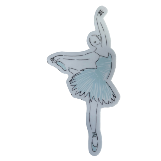 Stylized illustration of a ballerina in a blue tutu on a white background