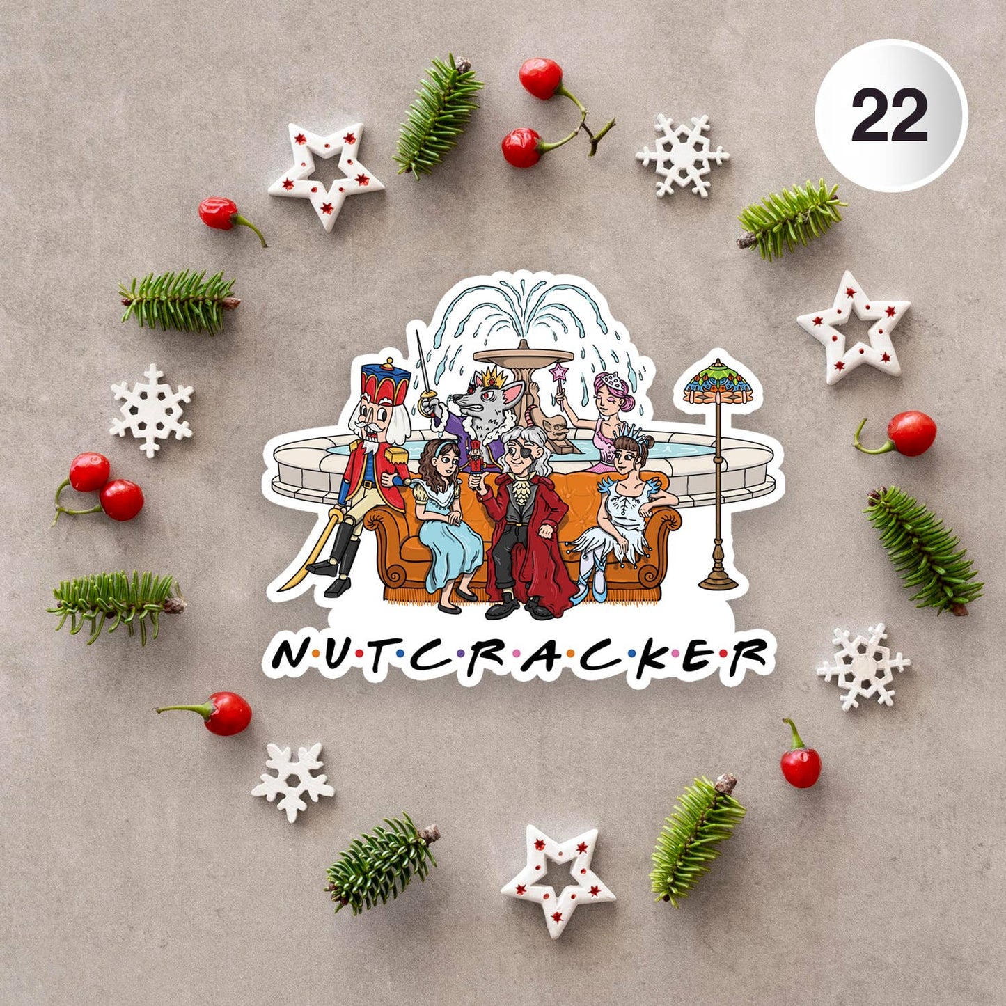 Sticker of 'Nutcracker' characters surrounded by Christmas decorations on a gray background.