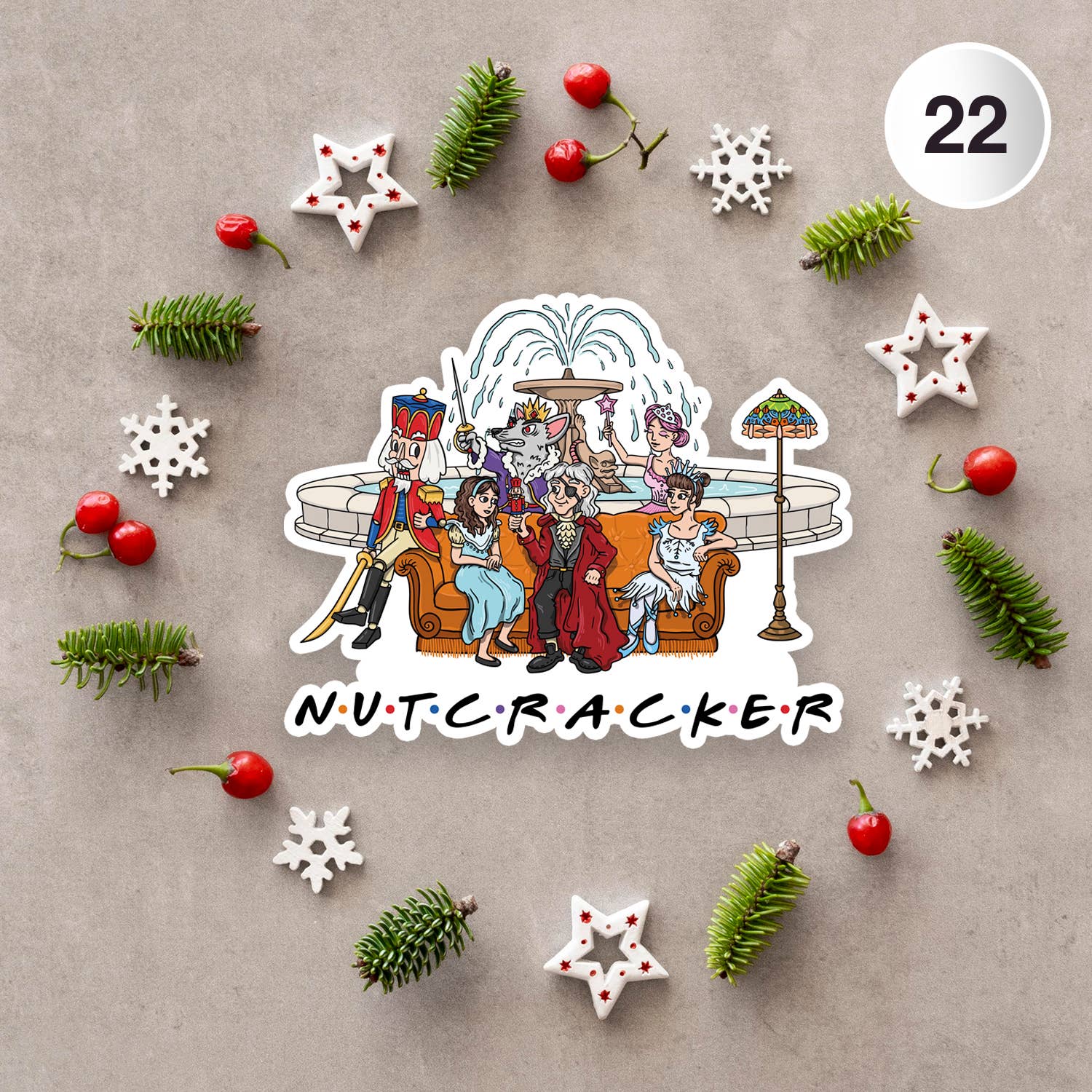 Sticker of 'Nutcracker' characters surrounded by Christmas decorations on a gray background.