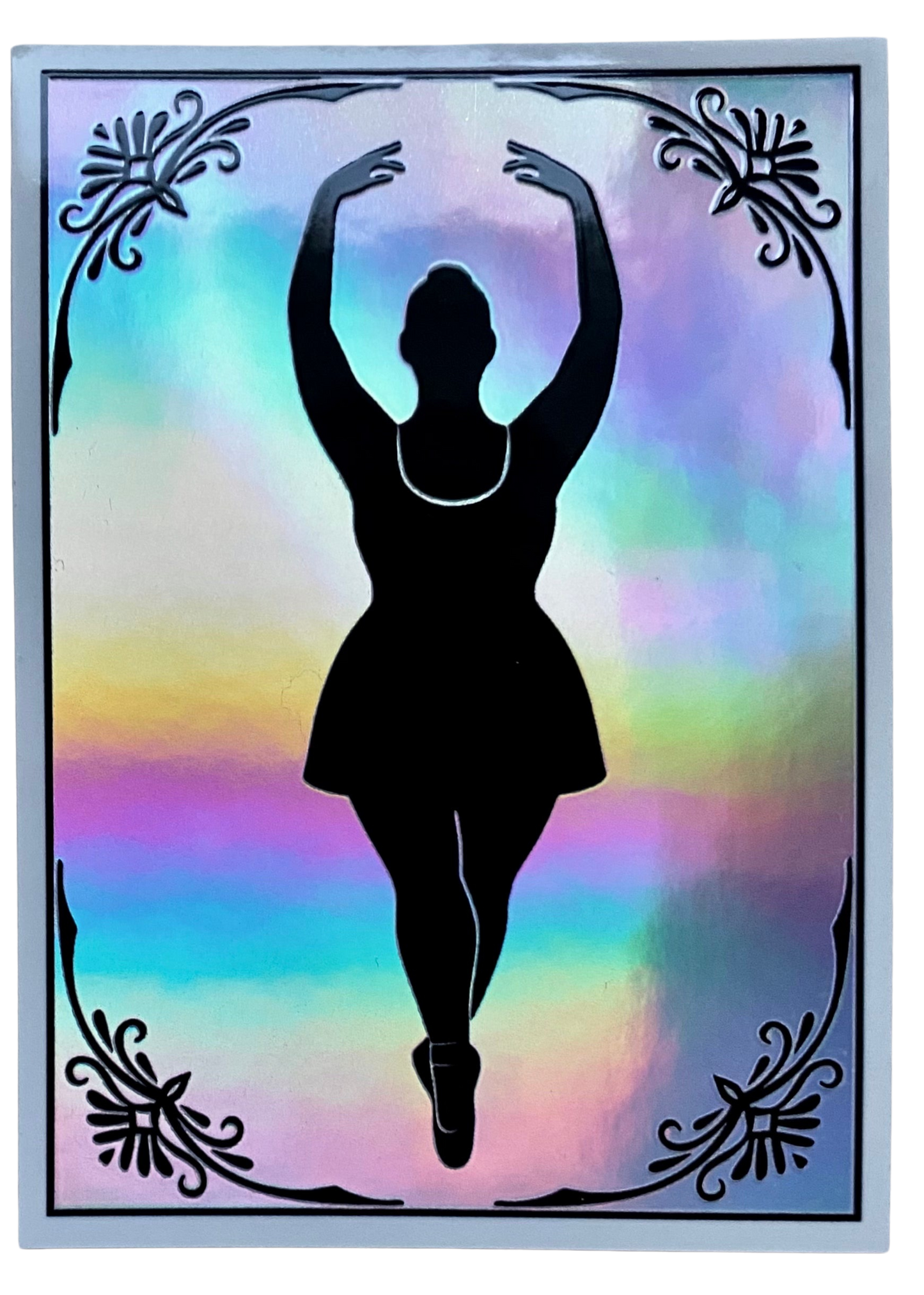 Silhouette of a dancer against a colorful, gradient background with decorative elements.