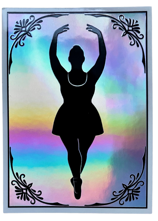 Silhouette of a dancer against a colorful, gradient background with decorative elements.