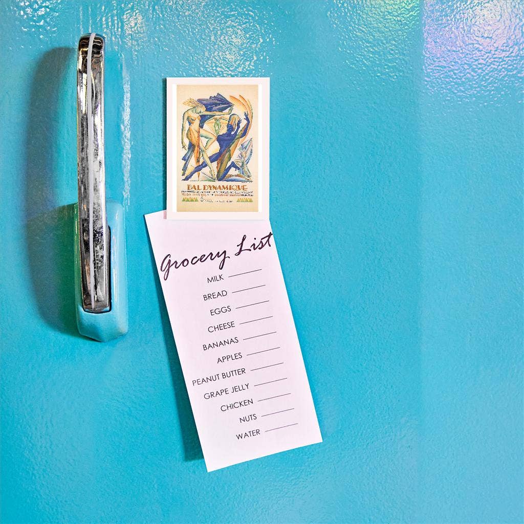 Grocery list attached to a blue refrigerator with a magnet.