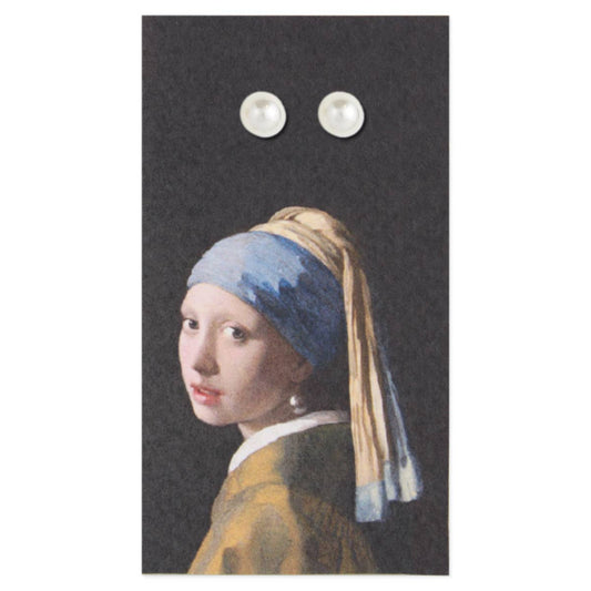 Earring card with 'Girl with a Pearl Earring' design and pearl earrings on a black background