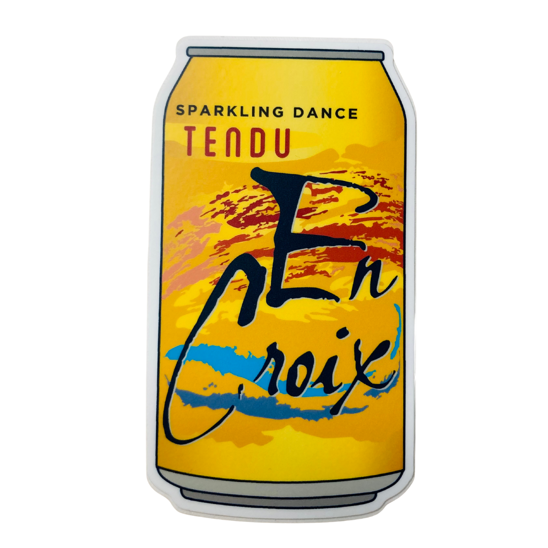 Sticker design of a can with text 'Sparkling Dance Tendu En Croix' on a yellow background