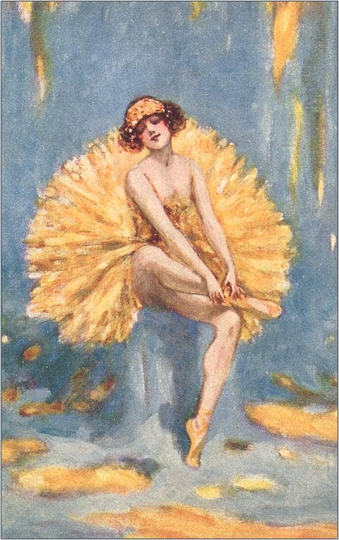 Artistic depiction of a dancer with a large yellow fan against a blue background