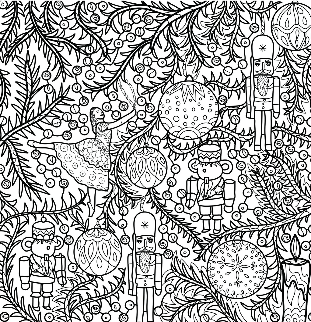 Black and white Christmas-themed illustration with ornaments and trees, suitable for coloring.
