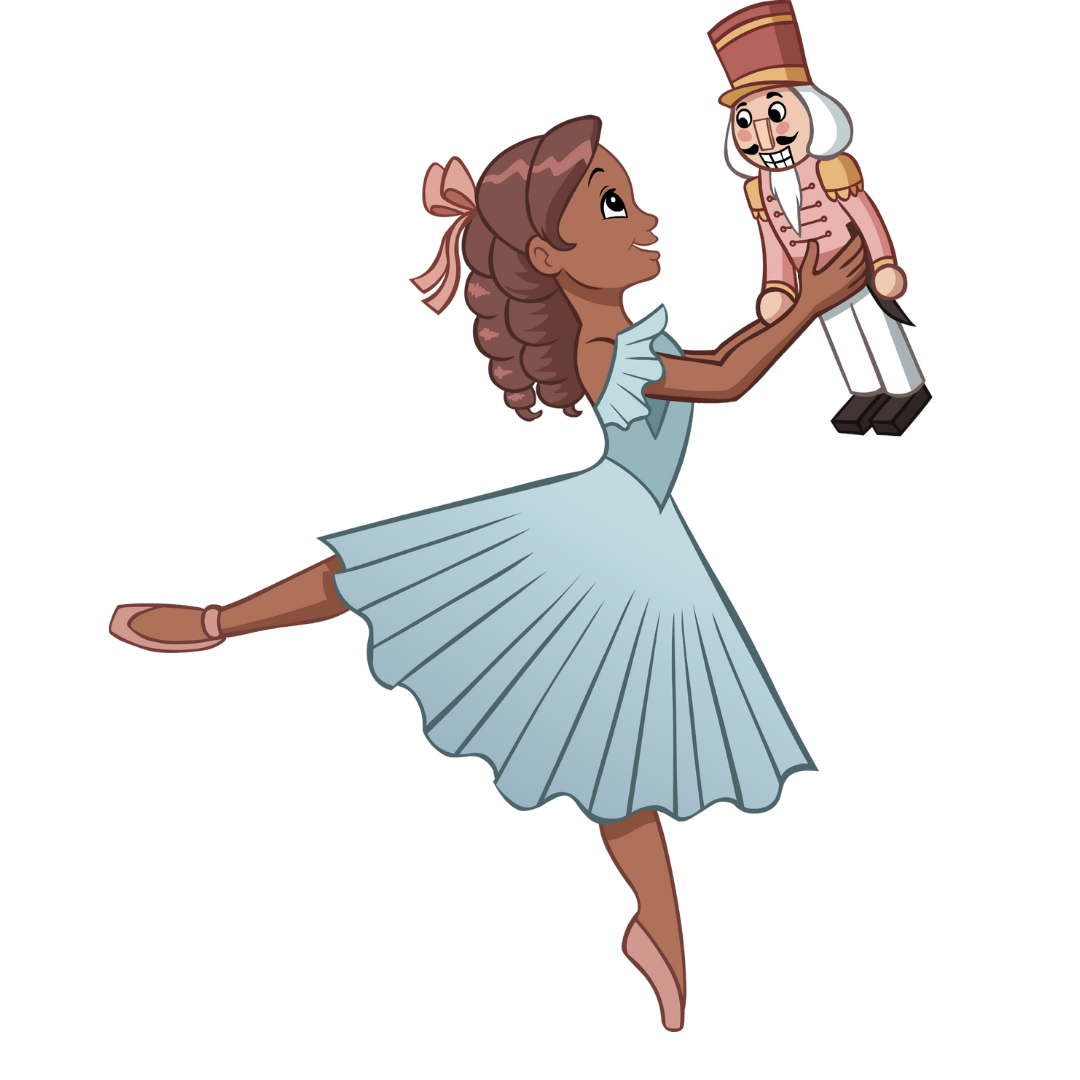 Cartoon Clara character in a blue dress holding a nutcracker toy