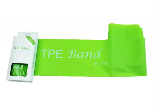 Green TPE elastic stretch resistance band with packaging on a white background