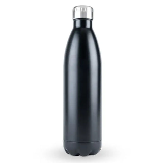 Black insulated bottle with silver cap on a white background