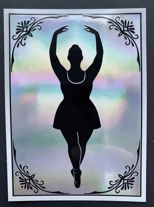 Silhouette of a dancer against a colorful, blurred background with decorative elements.