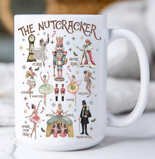 White mug with 'The Nutcracker' character illustrations on a white background