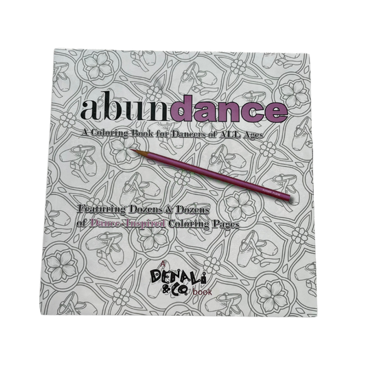 Coloring book titled 'abundance' with dance-themed illustrations on a white background