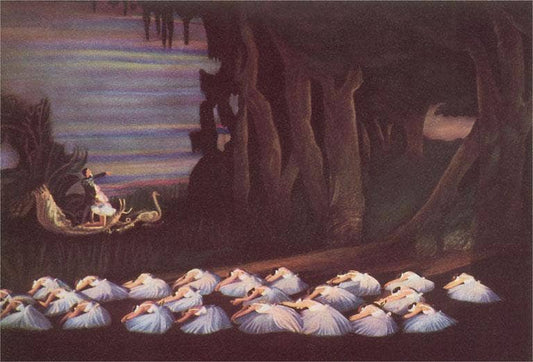 Fairy tale scene with a prince and princess in a boat, surrounded by dancing fairies on a dark background.