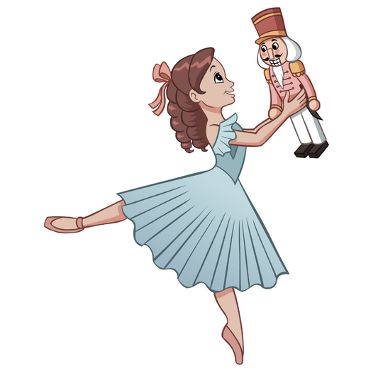 Cartoon Clara character in a blue dress holding a nutcracker toy