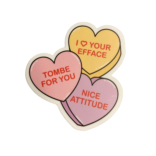 Heart-shaped stickers with humorous text on a white background