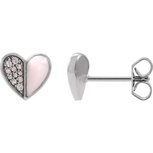14K 1/10 Natural Diamond & Enamel Heart Earrings