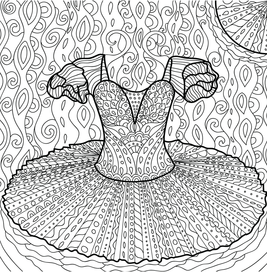 Black and white illustration of a tutu dress with intricate patterns on a detailed background