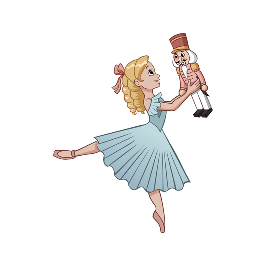 Cartoon Clara character of a girl in a blue dress holding a Nutcracker toy on a white background
